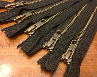 Antique brass 12 inch zippers, FIVE pcs, YKK metal zippers on black tape, YKK color 580, boot style pull