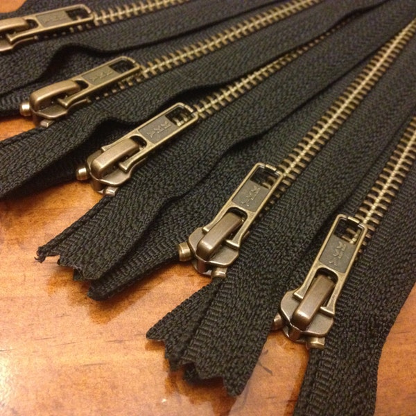 Antique brass 12 inch zippers, FIVE pcs, YKK metal zippers on black tape, YKK color 580, boot style pull