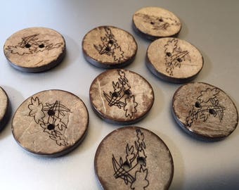 25 boutons en bois de cocotier assortis - motifs floraux - 23mm (7/8 inch) - jeu assorti de 25 nouveaux boutons, fond naturel