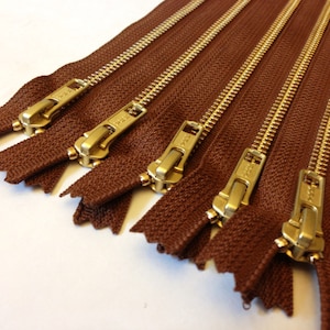 12 inch metal zippers wholesale, FIVE pcs, brass YKK zippers, medium brown tape, gold teeth image 1