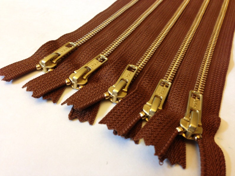 12 inch metal zippers wholesale, FIVE pcs, brass YKK zippers, medium brown tape, gold teeth image 1