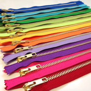 9 inch metal zippers, TWELVE pcs, brass gold teeth YKK zippers, brights, no 5 teeth, medium duty, good for clutches, purses, makeup bags