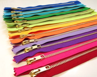 9 inch metal zippers, TEN pcs, brass gold teeth YKK zippers, red, pink, purple lavender, yellow, lime, green apple, turquoise, blue