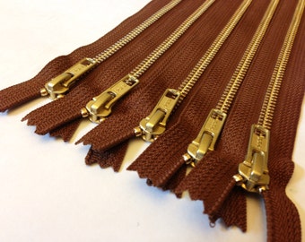 8 inch metal zippers, TEN pcs, brass YKK zippers, gold teeth, medium brown tape, YKK color 859