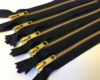 14 inch metal zippers, gold tone teeth, FIVE pcs, perfect for jewelry and accessory making, brass zippers, black tape