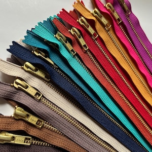 12 inch metal zippers, assortment of 12 YKK zips, or 5 pcs in your choice of colors, red, burnt orange, turquoise,pink, mustard, navy, brown