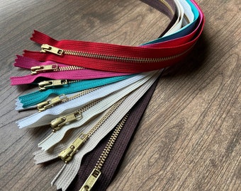 16 inch metal zippers, gold brass metal zippers, YKK brand, choose 7 pcs assortment or 5 pcs in any one color, red, turquoise, pink, neutral