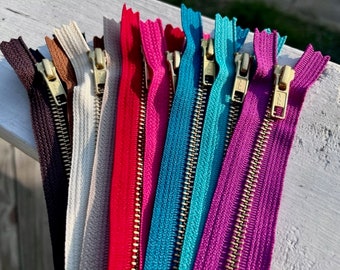 Metal zippers, 12 inch or 14 inch size Gold teeth zippers, TEN pcs, red, fuchsia, blue, black, brown, brights and neutrals