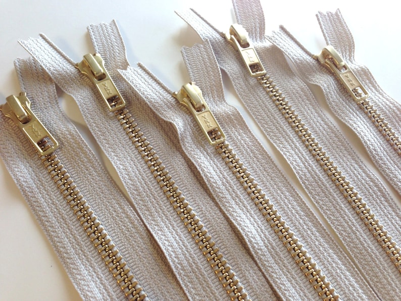 24 inch metal zippers, FIVE brass zippers, natural beige tape, YKK color 572, gold teeth YKK zippers image 5