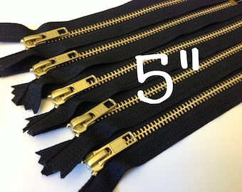 Gold teeth zippers, 5 inch brass YKK zippers with black tape, TEN pcs, YKK color 580, Final Sale