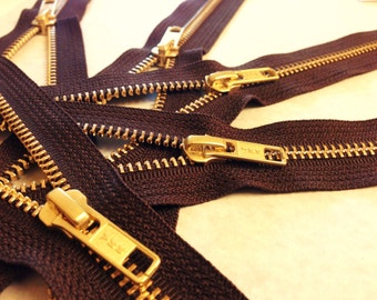 12 inch metal zippers wholesale, gold teeth, FIVE pcs, brass zippers, dark brown tape, YKK color 570