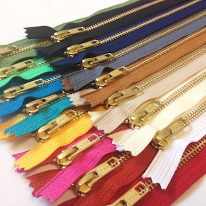 Metal zippers, 10 pcs, 10 inch YKK Gold teeth sampler, brass, black, grey, navy, brown, beige, white, red, teal, pink, blue, olive, mint image 1