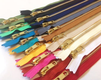 Metal  zippers, 10 pcs, 10 inch YKK Gold teeth sampler, brass, black, grey, navy, brown, beige, white, red, teal, pink, blue, olive, mint