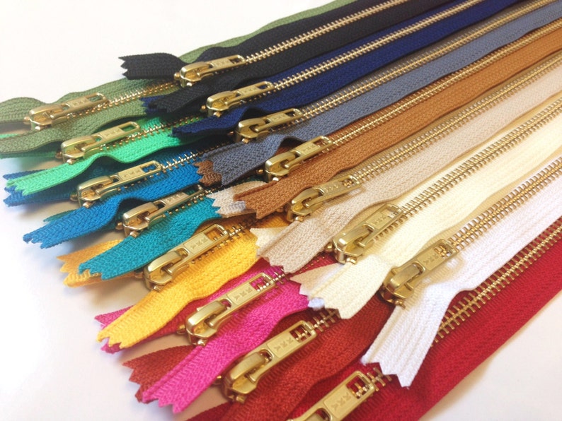 Metal zippers, 10 pcs, 10 inch YKK Gold teeth sampler, brass, black, grey, navy, brown, beige, white, red, teal, pink, blue, olive, mint image 1
