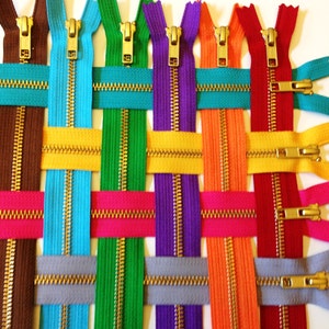 YKK metal zippers, 7 inch brass zippers, ten pcs, neutrals, red, pink, orange, yellow, purple, green, aqua, gold teeth image 2
