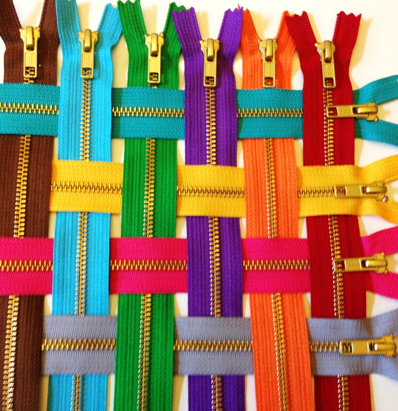 YKK metal zippers, 7 inch brass zippers, ten pcs, neutrals, red, pink, orange, yellow, purple, green, aqua, gold teeth image 2