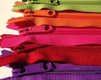 30 inch Handbag zippers, long pull, FIVE YKK zippers to match bright fabrics, your selection of hot pink, orange, green apple, or turquoise