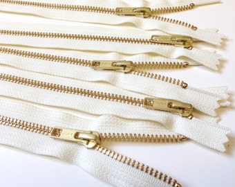 12 inch metal zippers, gold teeth, vanilla tape, FIVE pcs, YKK color 121