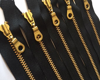 9 inch gold teeth zippers on black tape with donut pull, FIVE pcs, polyester tape, brass, gold donut pull, doughnut, number 4 teeth