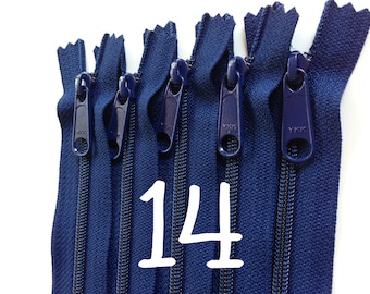 14 inch YKK handbag zippers with long pull, navy, FIVE pcs, 4.5 mm coil, YKK color 919, great for handbags, gadget cases, bags