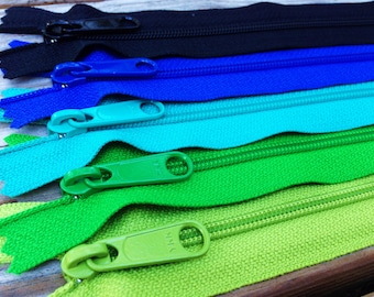 22 inch YKK zippers, long pull, Five pcs - green apple, dublin green, royal blue, turquoise, black, YKK 875, 151, 018, 918, 580