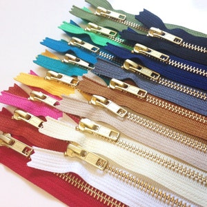 Metal zippers, 10 pcs, 10 inch YKK Gold teeth sampler, brass, black, grey, navy, brown, beige, white, red, teal, pink, blue, olive, mint image 5