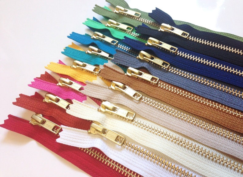 Metal zippers, 10 pcs, 10 inch YKK Gold teeth sampler, brass, black, grey, navy, brown, beige, white, red, teal, pink, blue, olive, mint image 5