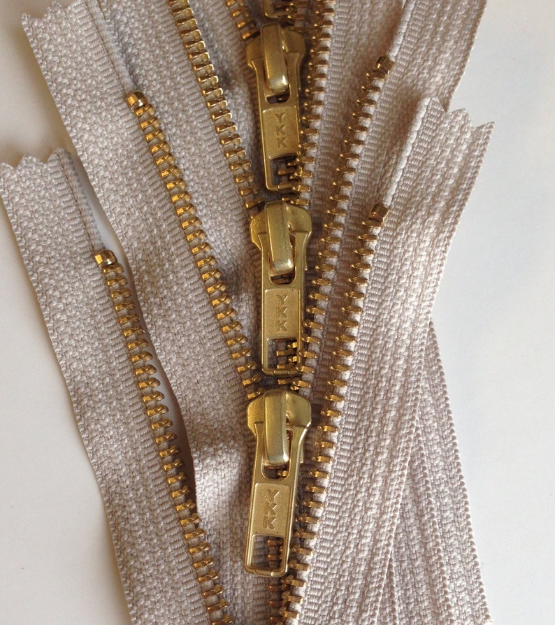 24 inch metal zippers, FIVE brass zippers, natural beige tape, YKK color 572, gold teeth YKK zippers image 4