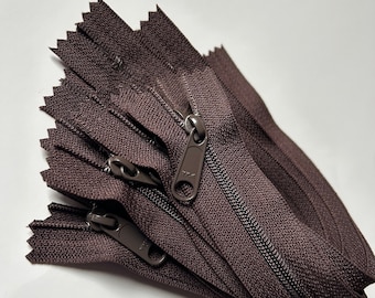 10 inch Handbag zippers with extra long pull, Ten pcs, YKK dark brown color 570, clearance