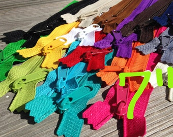 Clearance, 7 inch Handbag zippers, 10 pcs random assortment of bright and neutral colors, long pull zippers, 4.5 coil