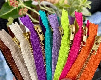 9 inch metal zippers, TEN pcs, brass gold teeth YKK zippers, brights and neutrals