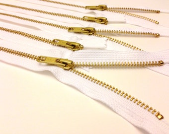 6 inch metal zippers, FIVE pcs, white, YKK color 501, perfect for jewelry and accessory making, brass zippers, white tape