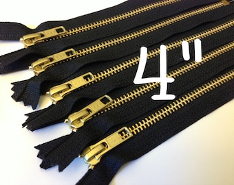 Gold teeth 4 inch zippers, FIVE pcs, brass zippers, black tape, YKK color 580, perfect for small leather pouches
