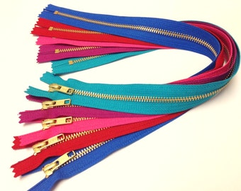 Sale, Metal zippers, 18 inch YKK bright zippers, FIVE pcs, brass YKK zippers, gold teeth, brights, red, pink, blue, teal, red violet