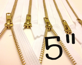 Gold teeth zippers, 5 inch brass YKK zippers with white tape, FIVE pcs, YKK color 501