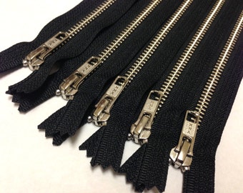Silver teeth zippers, 14 inch zippers, TEN pcs, nickel teeth, black tape, wholesale, bulk metal zippers
