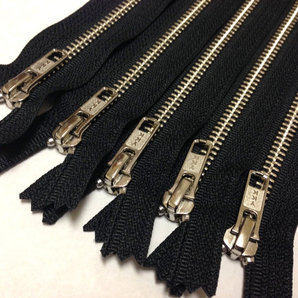 Silver teeth zippers, 7 inch zippers, TEN pcs, nickel zippers, black tape, wholesale, bulk metal YKK zips