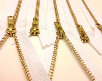 14 inch metal zippers wholesale, TEN pcs, white, YKK color 501, perfect for jewelry and accessory making, brass zippers, white tape