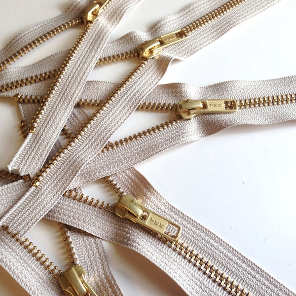 6 inch gold teeth YKK zippers, FIVE pcs, natural beige tape, metal zippers, YKK color 572