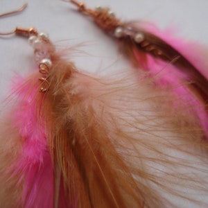 Handmade Pink and Copper Feather Earrings, Bohemian pink earrings, Copper and Pink Festival Earrings, Long Feathers Bright Shadows Jewelry image 2