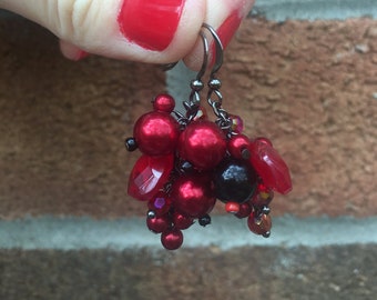 Short Handmade Red & Black Dangle Earrings, Gothic Halloween Earrings, Fall Earrings, Crystal Vampire Earrings | Bright Shadows Jewelry