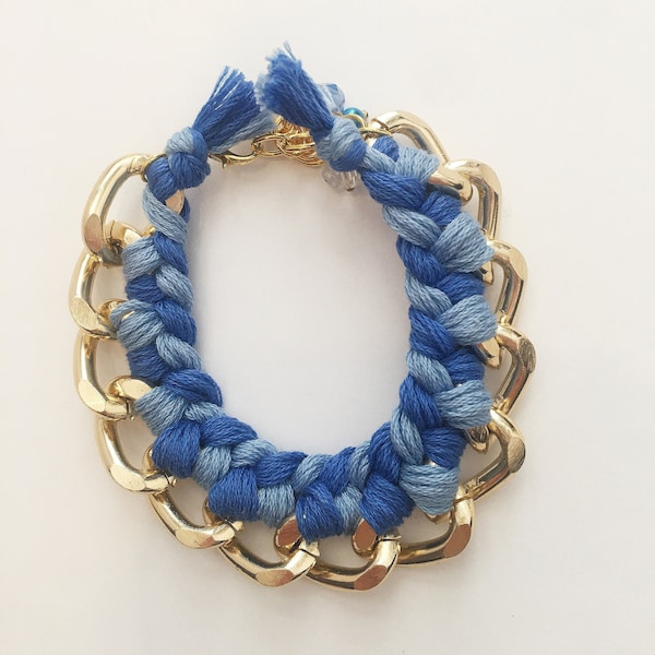 Handmade Gold Chain & Blue Thread Bracelet, Summer Blue and Gold Bracelet, OOAK Boho Embroidery Thread bracelet | Bright Shadows Jewelry