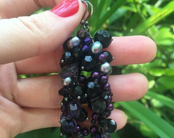 Handmade Long Purple Grapevine Earrings, Purple, Black & Pearl Earrings, Purple Dangle Earrings, Vampire Earrings | Bright Shadows Jewelry