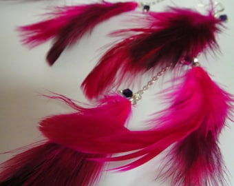 Handmade Magenta Feathers Silver Chain Earrings, Long Feather Earrings, Fuchsia Burlesque Earrings, Boho Earrings | Bright Shadows Jewelry