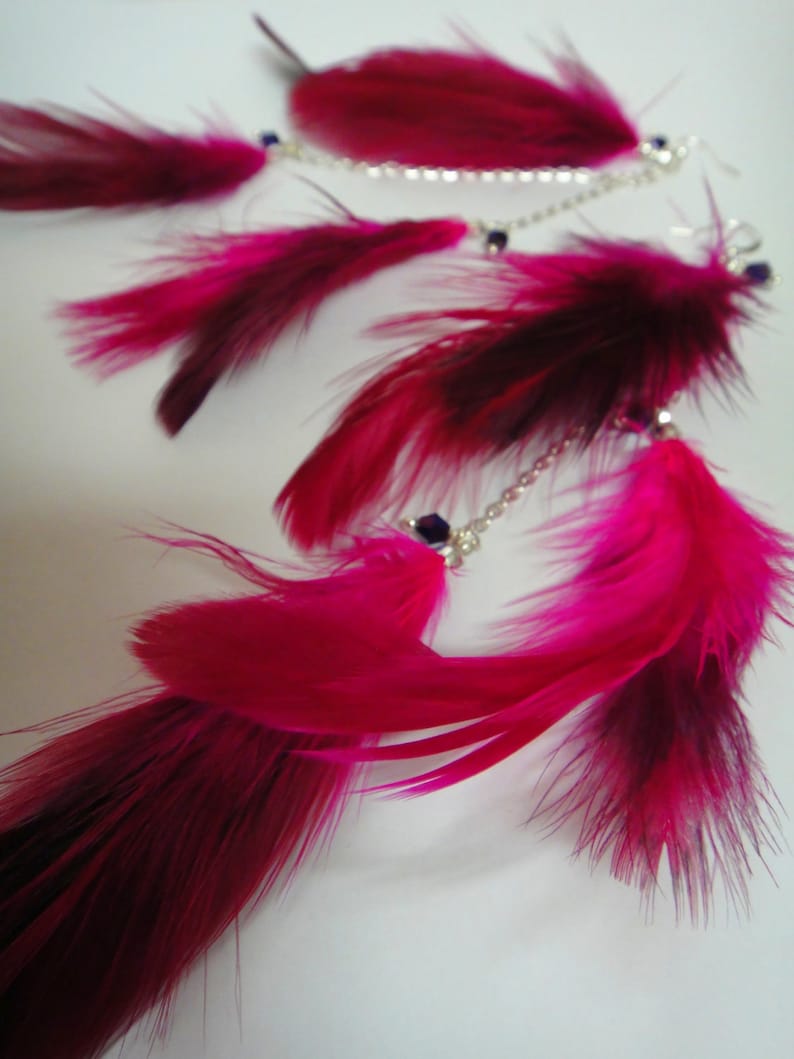 Handmade Magenta Feathers Silver Chain Earrings, Long Feather Earrings, Fuchsia Burlesque Earrings, Boho Earrings Bright Shadows Jewelry image 1