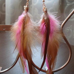 Handmade Pink and Copper Feather Earrings, Bohemian pink earrings, Copper and Pink Festival Earrings, Long Feathers Bright Shadows Jewelry image 7