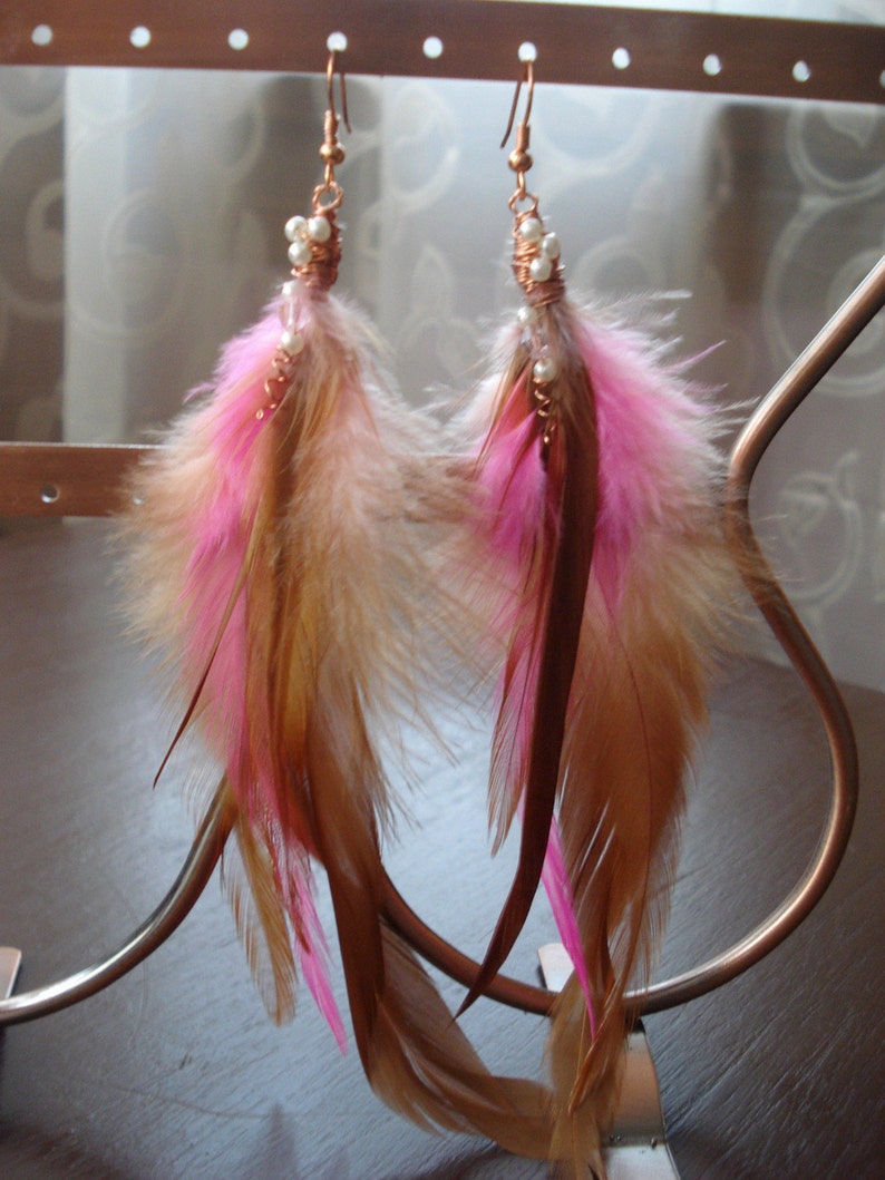 Handmade Pink and Copper Feather Earrings, Bohemian pink earrings, Copper and Pink Festival Earrings, Long Feathers Bright Shadows Jewelry image 7