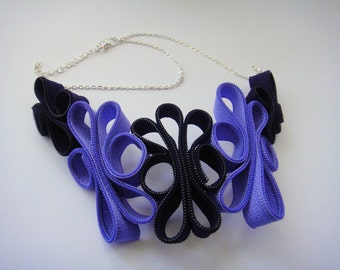 Handmade Purple Lilac Zipper Flower Bib, Purple Bib Necklace, Edgy Zipper Necklace, One of a Kind Zipper Necklace | Bright Shadows Jewelry