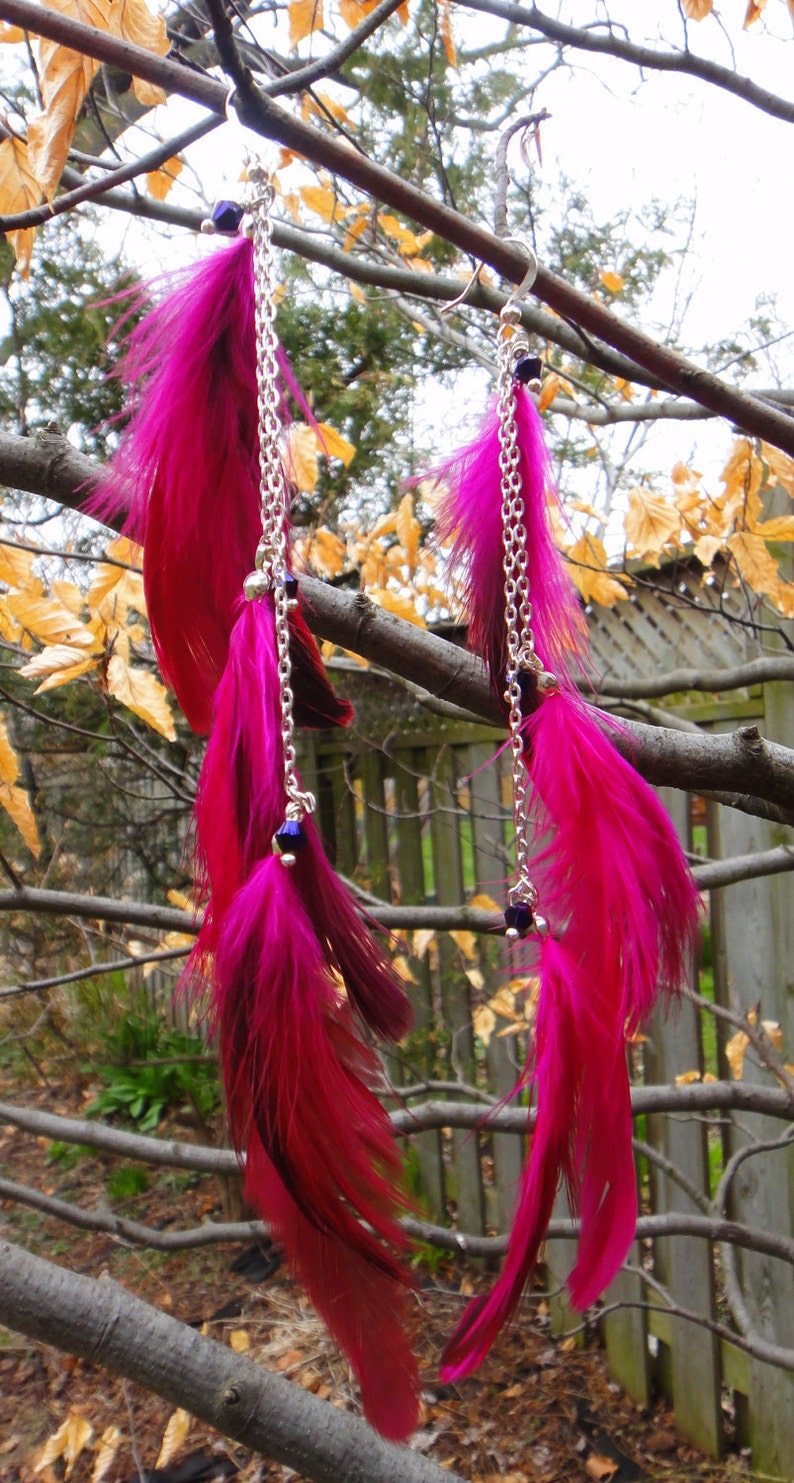 Handmade Magenta Feathers Silver Chain Earrings, Long Feather Earrings, Fuchsia Burlesque Earrings, Boho Earrings Bright Shadows Jewelry image 4