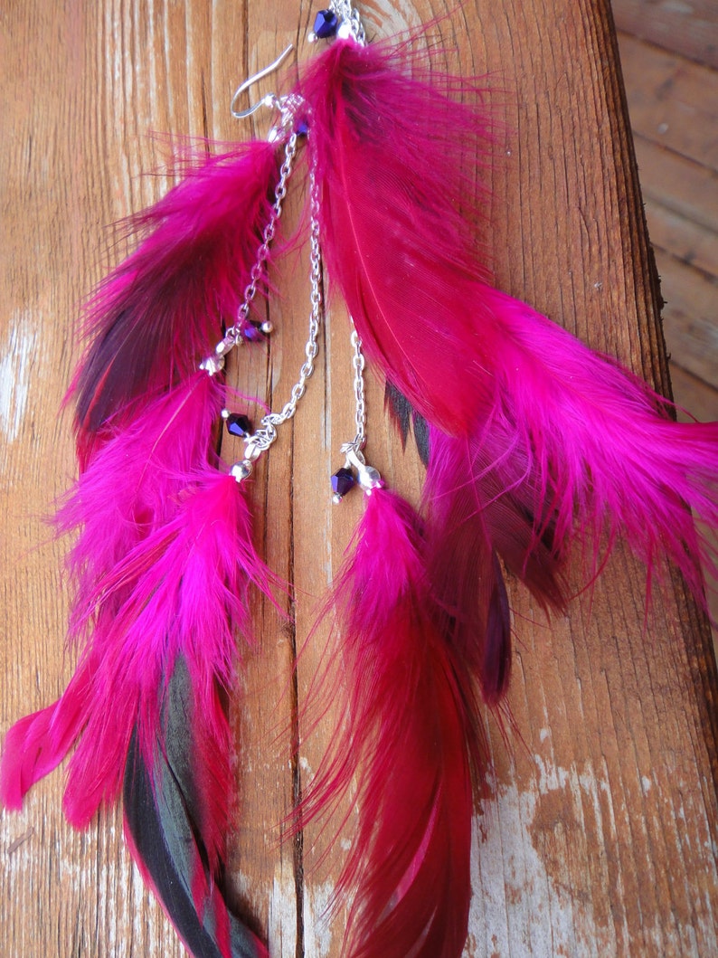 Handmade Magenta Feathers Silver Chain Earrings, Long Feather Earrings, Fuchsia Burlesque Earrings, Boho Earrings Bright Shadows Jewelry image 3